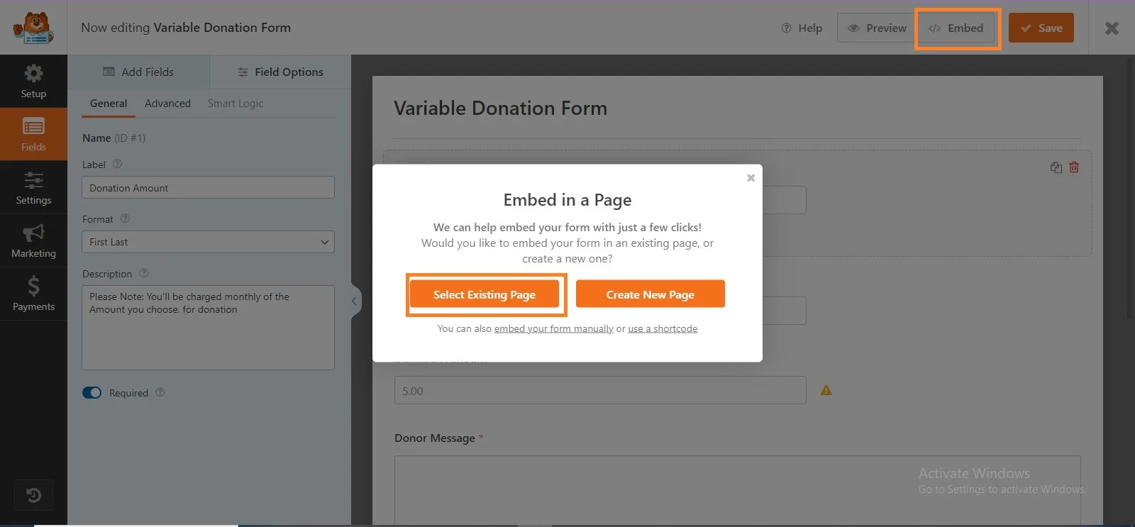 embed in a page of donation form in WordPress