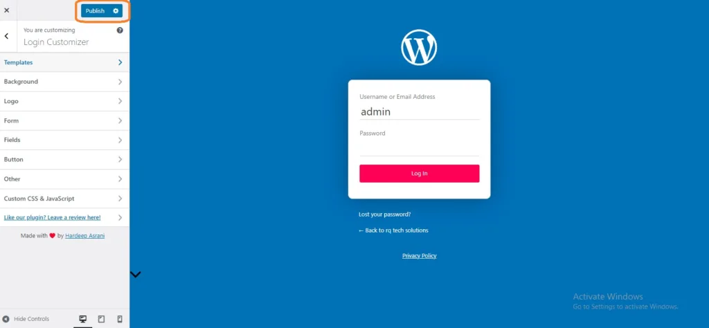 login page customizer